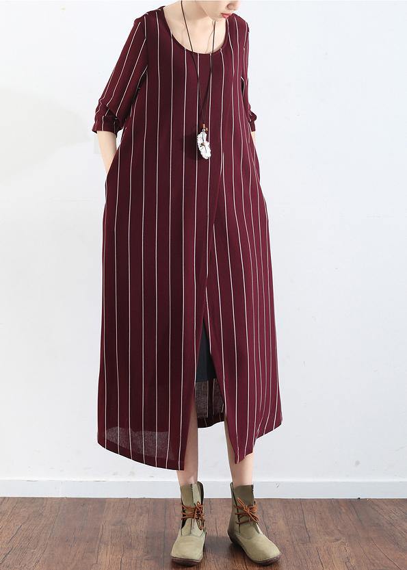 100% Burgundy Cotton Clothes for Catwalk Striped Dresses Summer Dresses