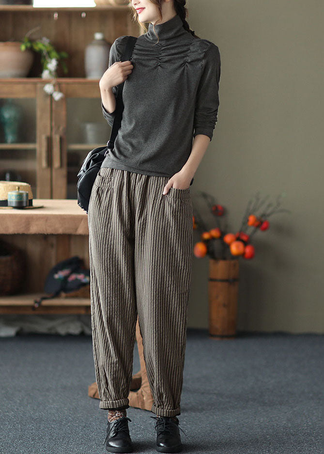 Chocolate Elastic Waist Striped Pockets Fine Cotton Filled Pants Winter