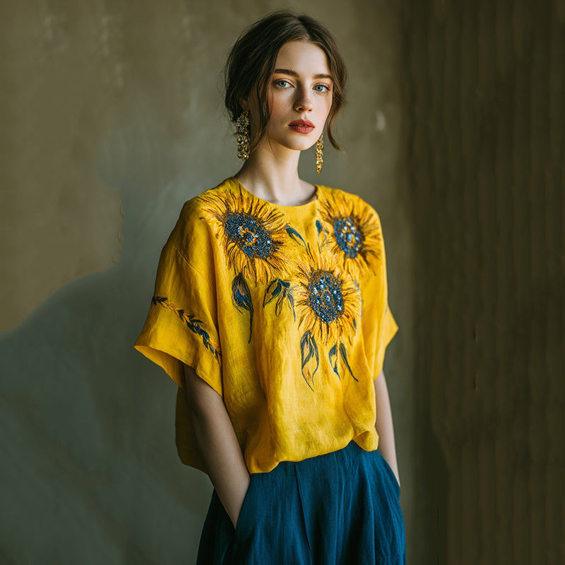 Sunflower Hand-beaded Embroidery Oil Painting Style Linen T-shirt elevenforest