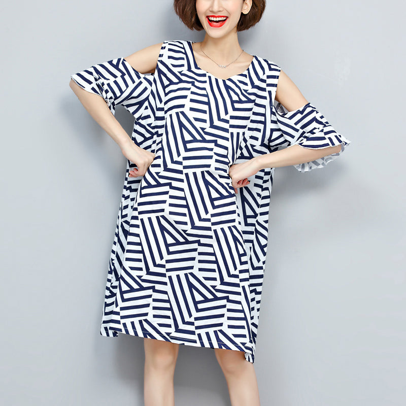 Baggy Striped Dress Traveling Clothing O Neck Patchwork Dress