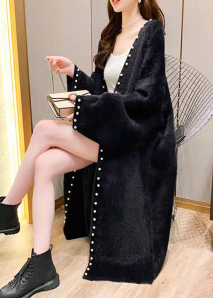 Black Pearl Cozy Knit Spring Coat V Neck