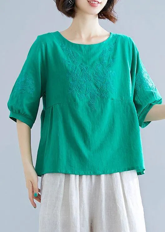 Natural O Neck Embroidery Cotton Clothes Outfits Green Blouses Summer