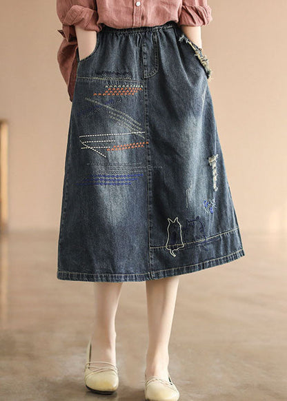Dark Blue Elastic Waist Embroideried Cotton Denim Ripped Skirts Cozy