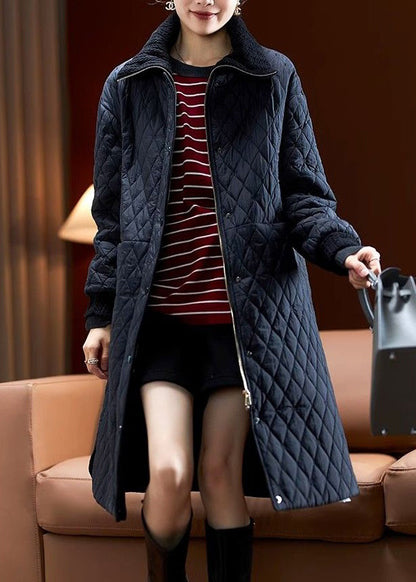 Black Zip Up Pockets Cotton Filled Coats Long Sleeve