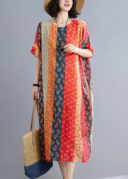 Loose Coffee Orange O-neck Print Beach Dresses Short Sleeve