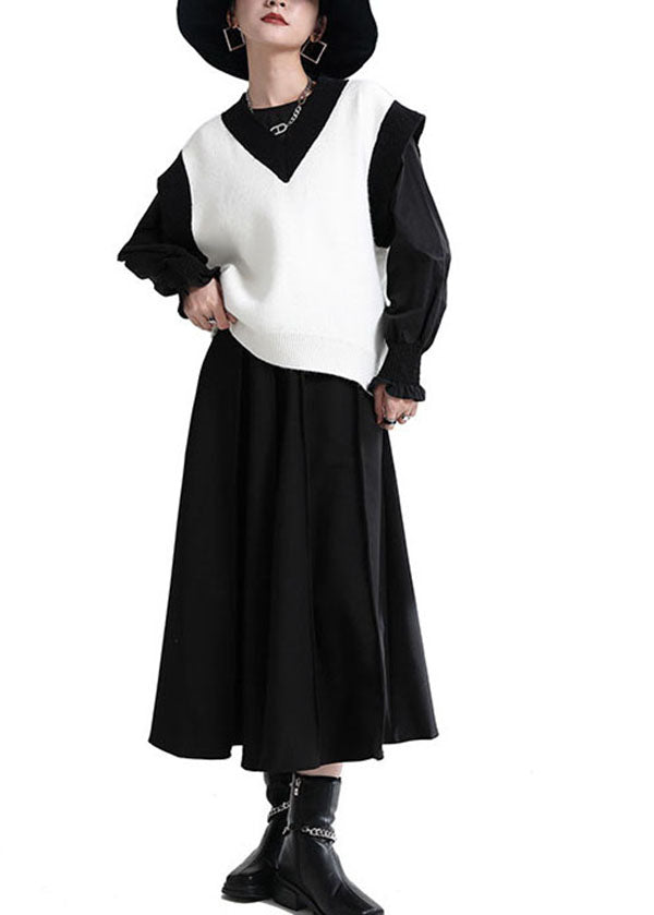 White V Neck Patchwork Thick Knit Vest Tops Winter