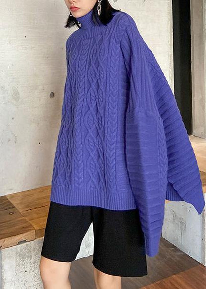 Oversized Blue Sweater Blouse High Neck Thick Knit Sweat Tops