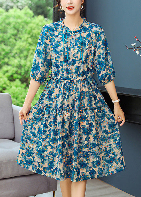Blue Print Tunic Dresses Ruffled Summer