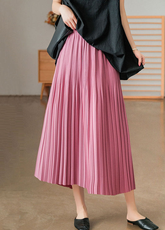 Pink Elastic Waist Cotton Pleated Skirts