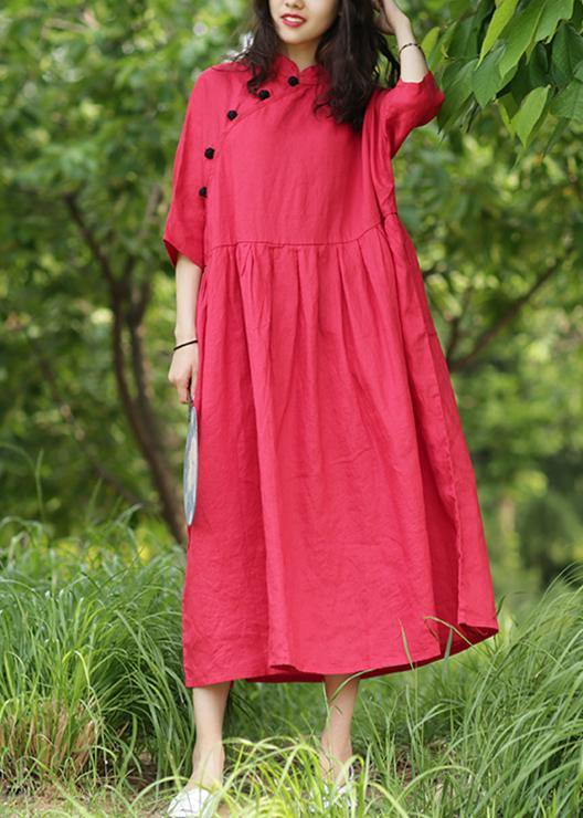 Red Cotton Tunics Stand Collar Cinched a Line Dresses