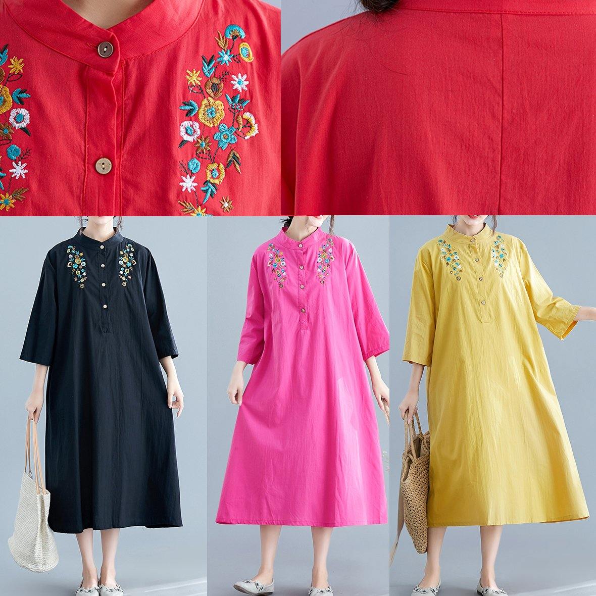 Stand Collar Pockets Cotton Tunics for Work Outfits Red Embroidery Maxi Dresses Summer