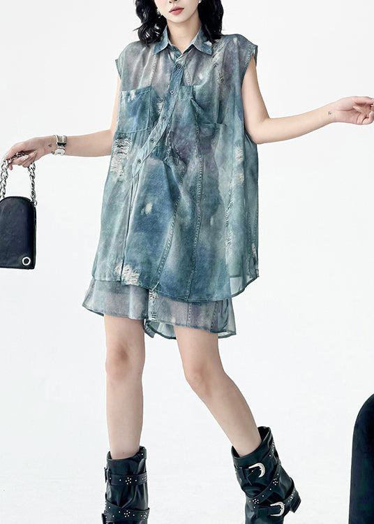 Blue Asymmetrical Side Open Shirt and Shorts Set