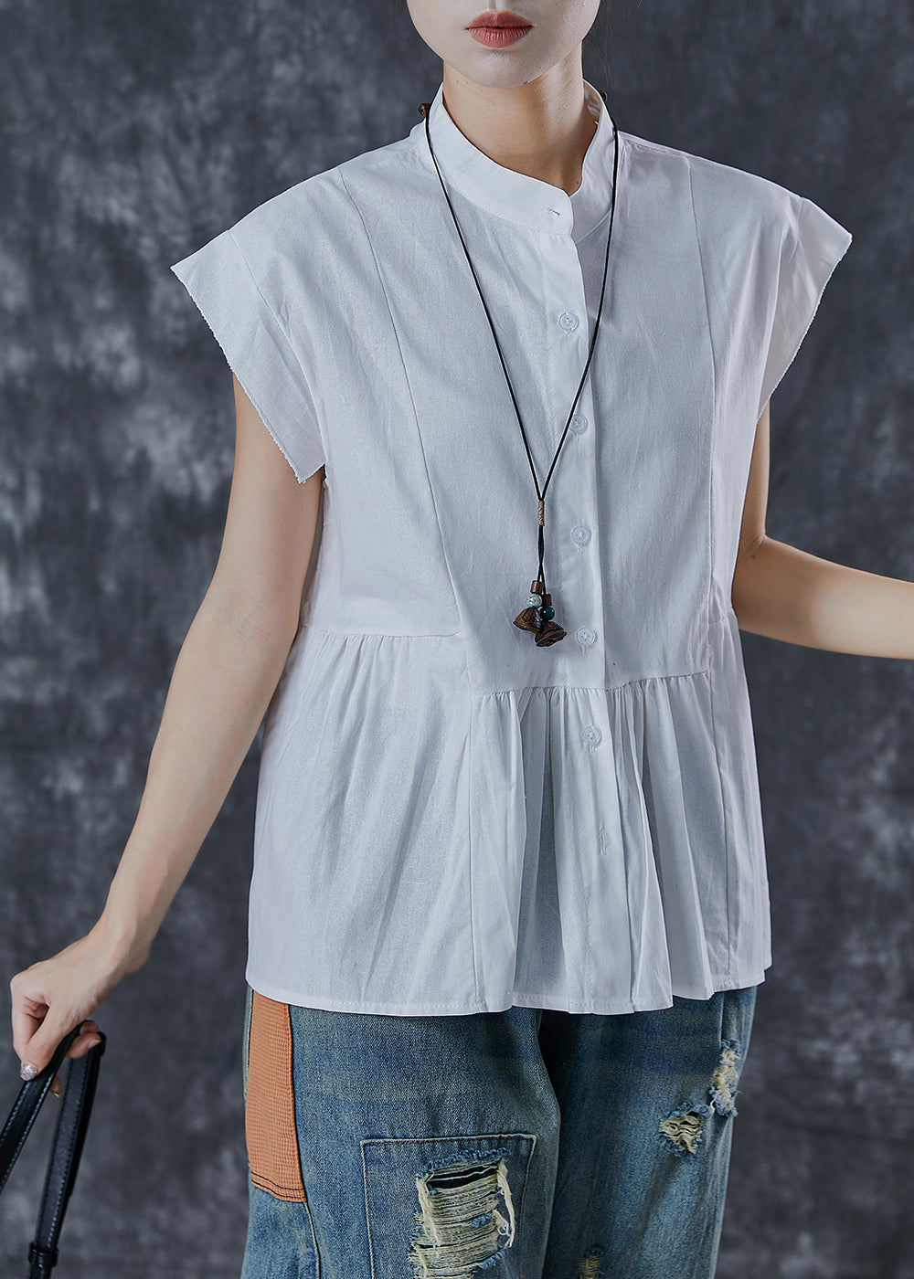 Diy White Stand Collar Patchwork Cotton Tops Sleeveless