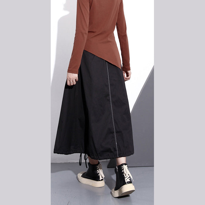Black Cotton Oversize a Line Skirts Fine Pockets Drawstring Skir