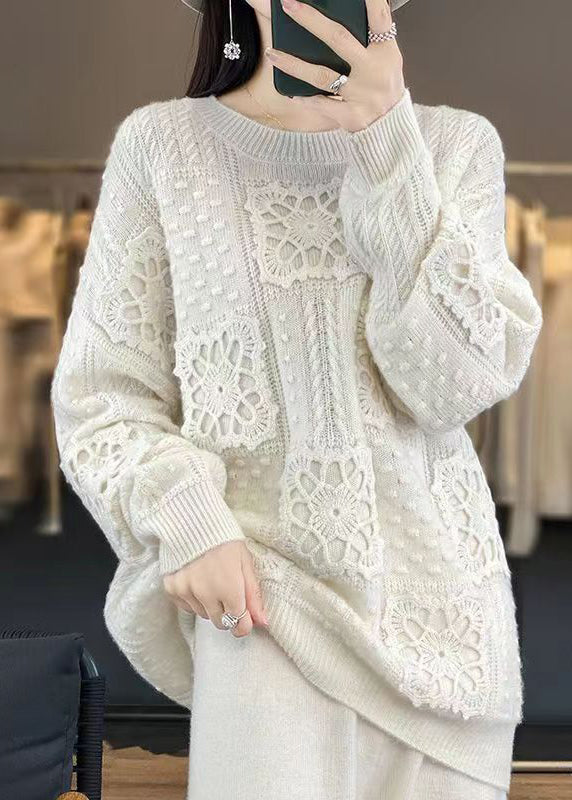 Camel O Neck Hollow Out Patchwork Wool Top Long Sleeve