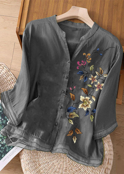 White-geometry Embroideried Button Patchwork Linen Top Bracelet Sleeve