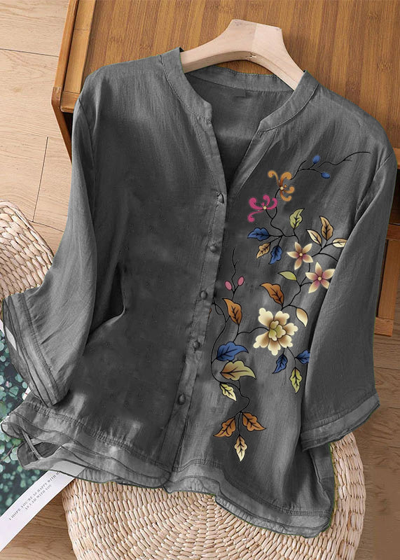 Dark Green Embroidered Button Patchwork Linen Top Bracelet Sleeve