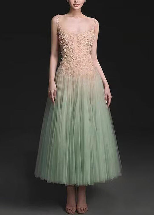 Green Sequins Lace Patchwork Tulle Spaghetti Strap Dress Sleeveless