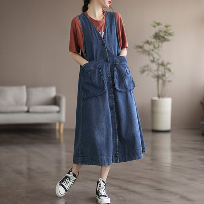 Mid Length Sleeveless Large Pocket V-neck Dress