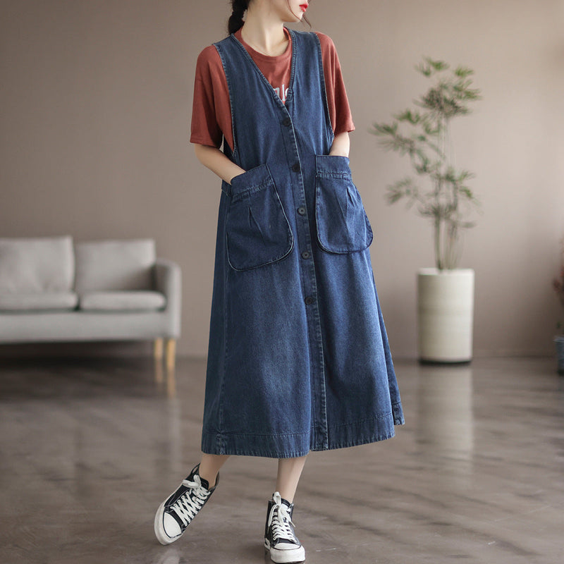 Mid Length Sleeveless Large Pocket V-neck Dress