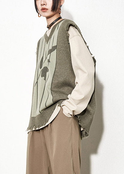 Green V Neck Print Thick Knit Waistcoat Fall