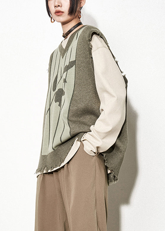 Green V Neck Print Thick Knit Waistcoat Fall