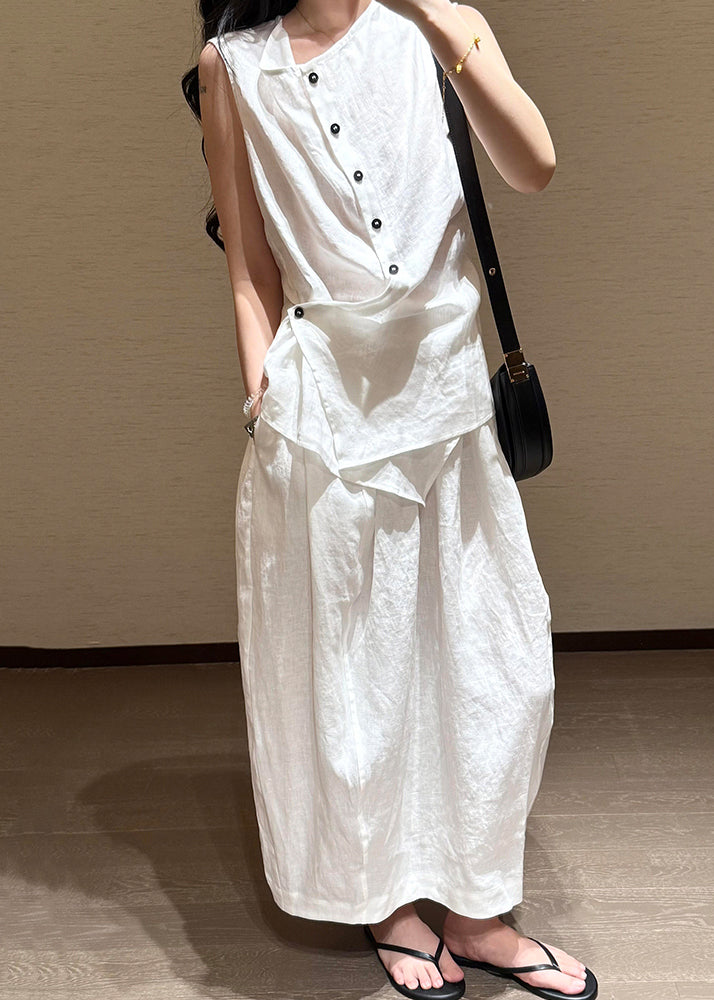 Fine White Asymmetrical Button Shirts and Skirts Cotton Two Pieces Set Sleeveless