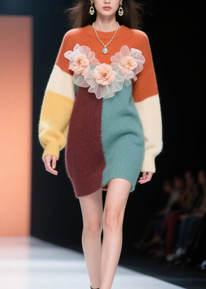 Classy Colorblock O Neck Knit Long Sweater Winter