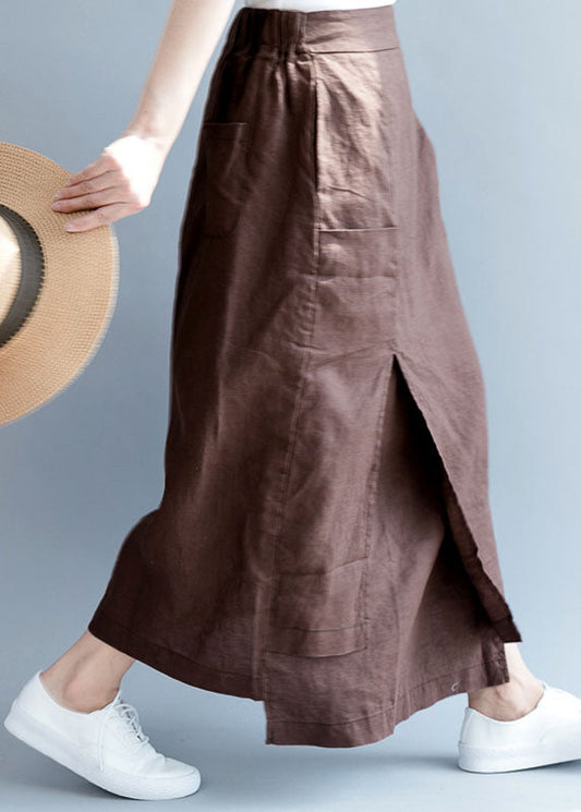 Chocolate Asymmetrical Pockets Linen Skirts Spring