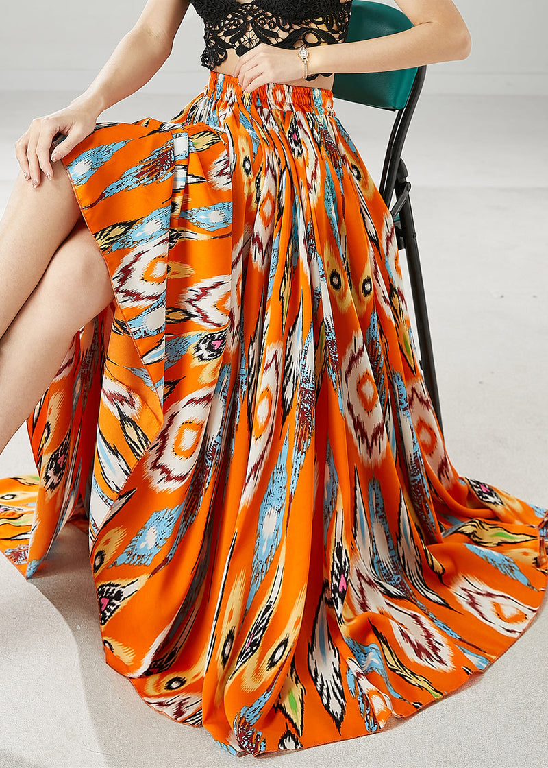 Orange Elastic Waist Print Chiffon Skirt Spring