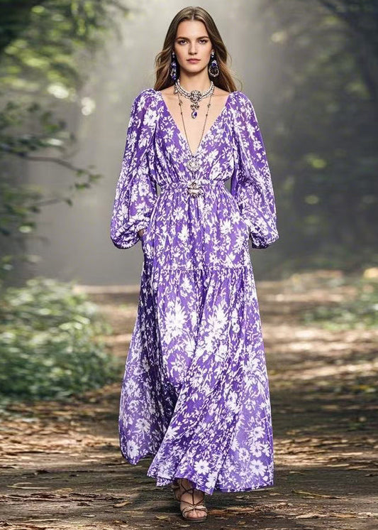 New Purple V Neck Print Pockets Patchwork Chiffon Dress Spring