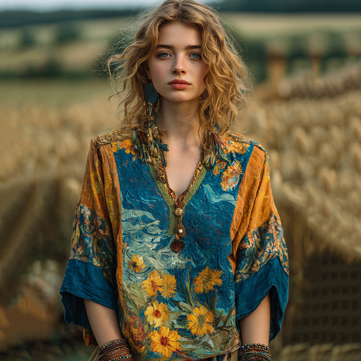 Starry Sunflower Patchwork Oil Painting V-neck T-shirt elevenforest