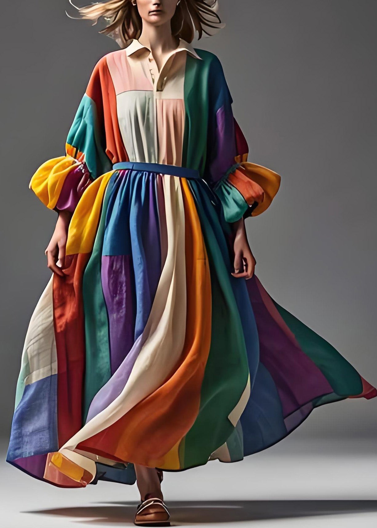 Colorblock Peter Pan Collar Patchwork Cotton Dress Lantern Sleeve