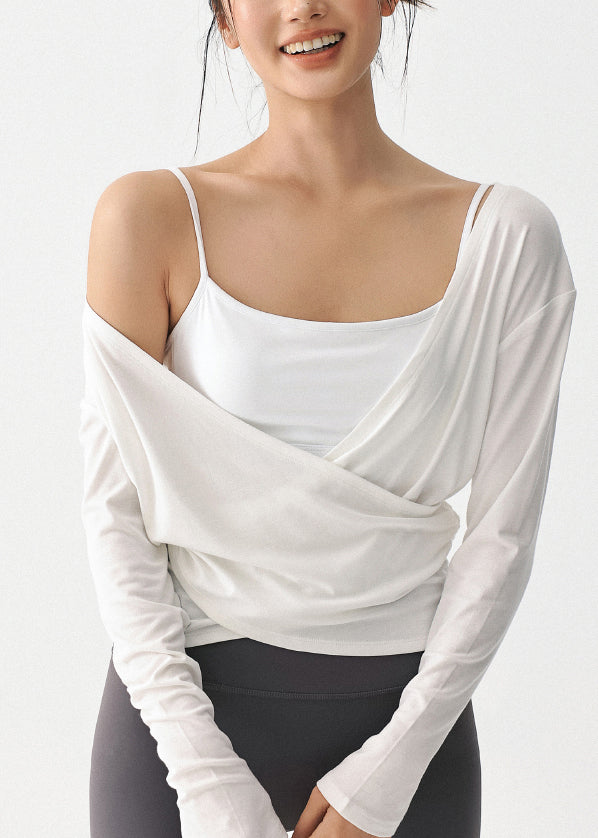 White V Neck Wrinkled Slim Yoga Tops