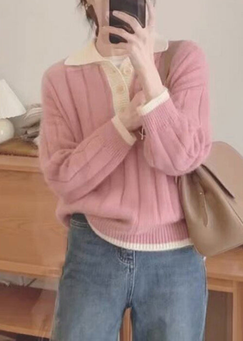Pink Peter Pan Collar Patchwork Cozy Knit Sweaters Fall