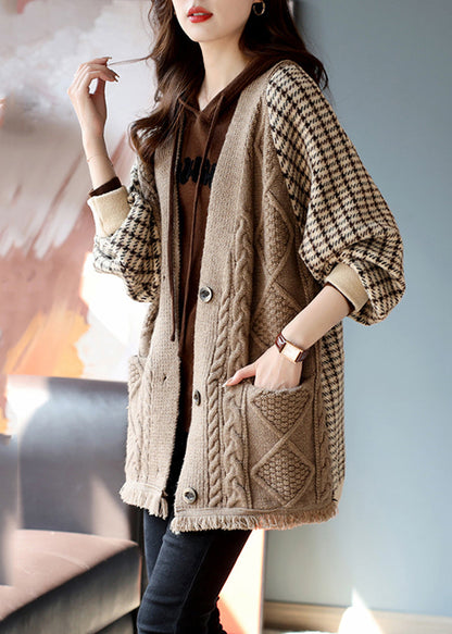 Khaki V Neck Plaid Patchwork Tassel Knit Coats Fall