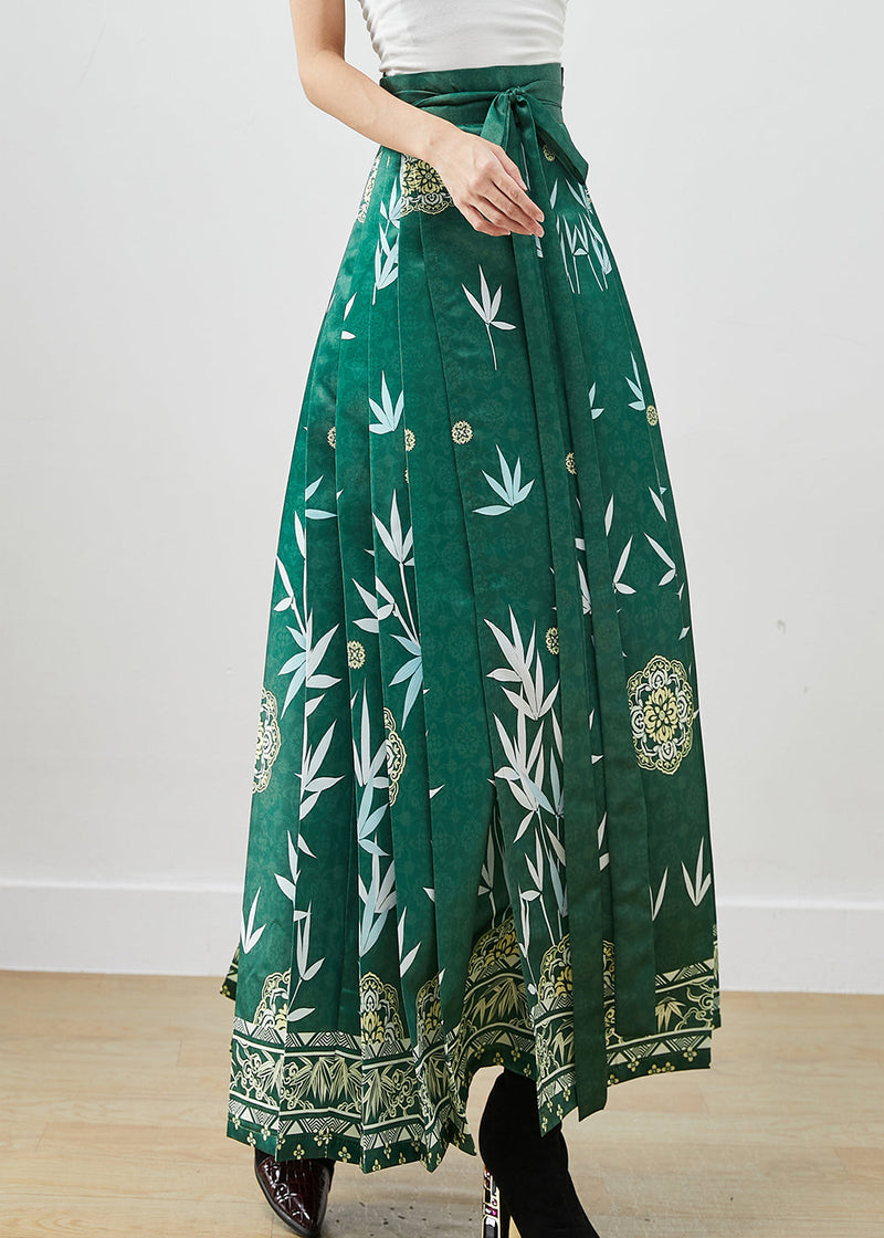 Green Bamboo Leaf Print Exra Large Hem Silk Pleated Skirts Fall