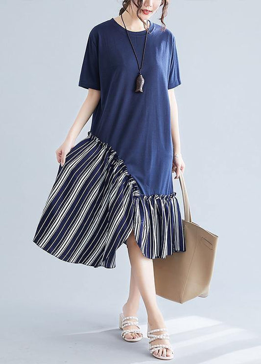 Simple Navy Patchwork Striped Cotton Tunics O Neck Long Summer Dress