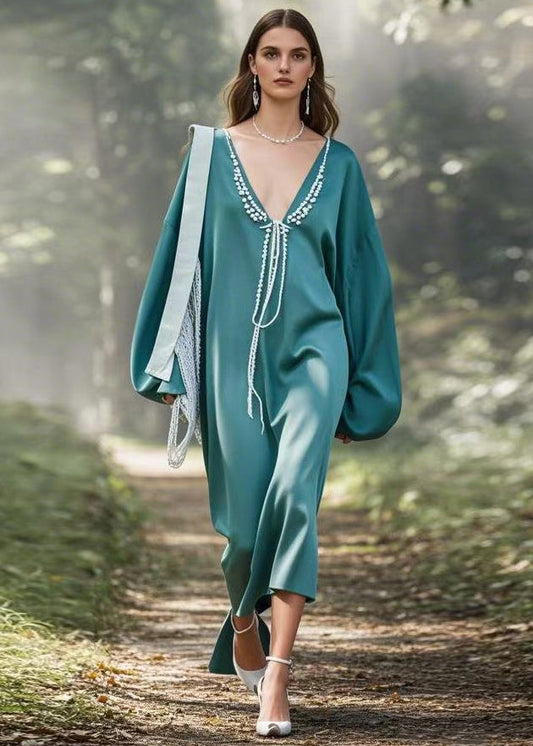 Loose Blue V Neck Patchwork Dress Spring