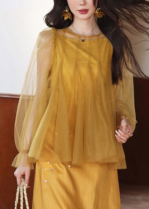 Art Yellow Tank and Tops Tulle Two Pieces Set Butterfly Sleeve