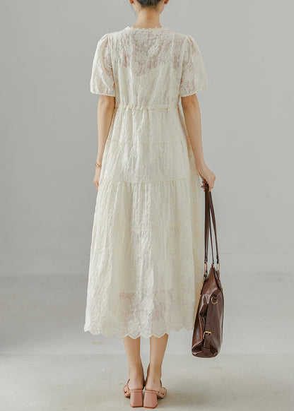 Beige Embroidered Cotton Cinched Dress Summer