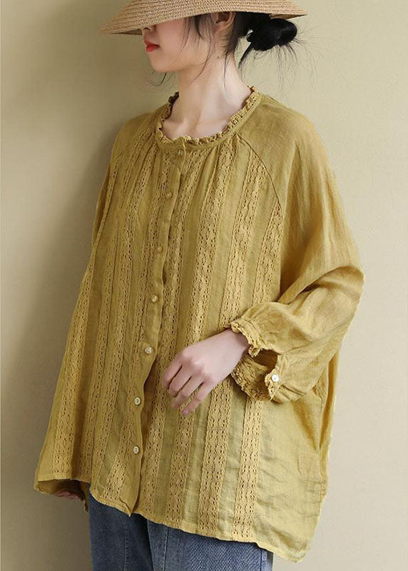 Yellow Button Embroidered Linen Shirts Long Sleeve