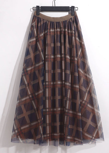 Coffee Plaid Tulle a Line Skirt High Waist Spring
