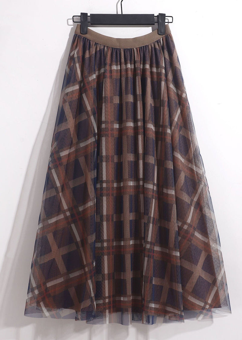 Coffee Plaid Tulle a Line Skirt High Waist Spring