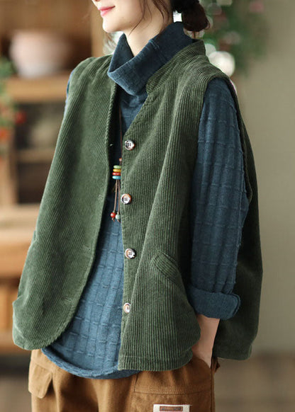 Boutique Green Stand Collar Corduroy Vest Tops Spring
