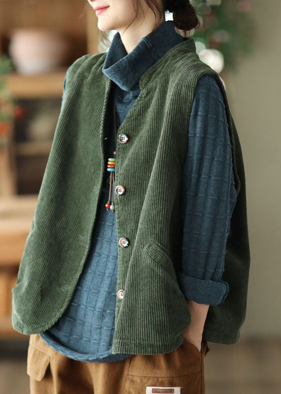 Boutique Green Stand Collar Corduroy Vest Tops Spring