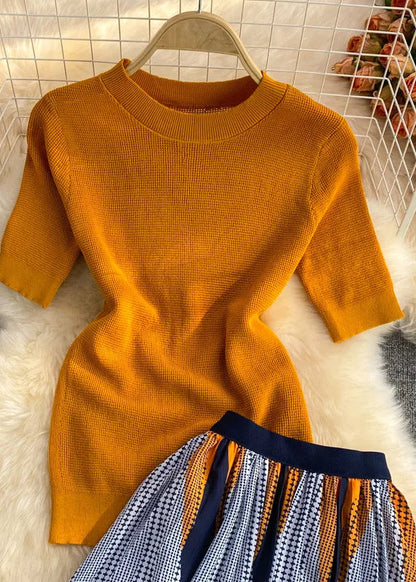 Organic Orange Knit Top and Skirts Two Piece Set Clothing Summer