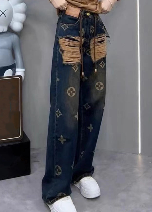 New Ripped Printed Denim Straight Leg Pants for Spring