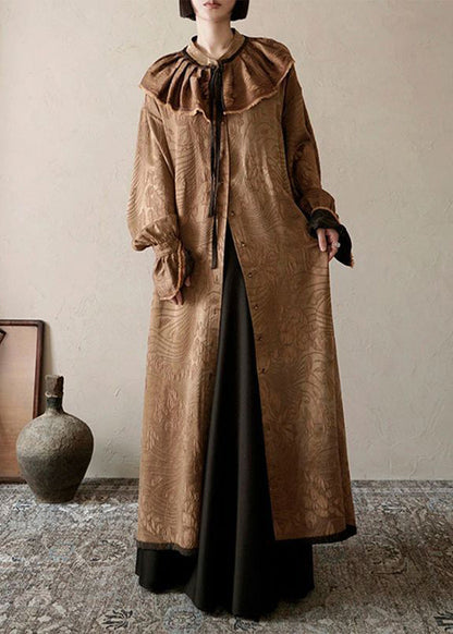 Loose Brown Sailor Collar Print Wear on Both Sides Long Trench Coats Lantern Sleeve