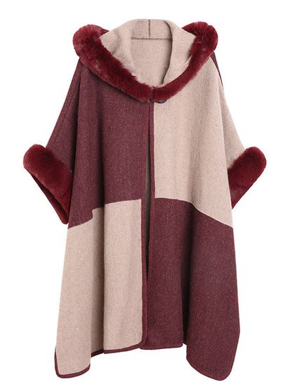 Poncho Cape Faux Fur Hooded Plaid Cape Coat